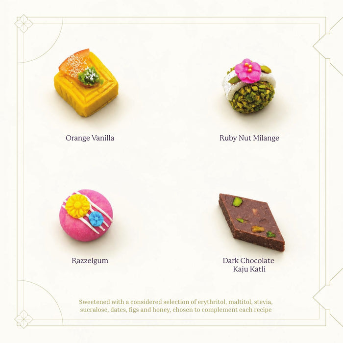 Orange Vanilla, Ruby Nut Milange, Razzelgum, Dark Chocolate Kaju Katli