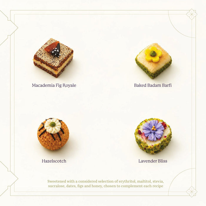 Macadamia Fig Royale, Baked Badam Barfi, Hazelscotch, Lavender Bliss